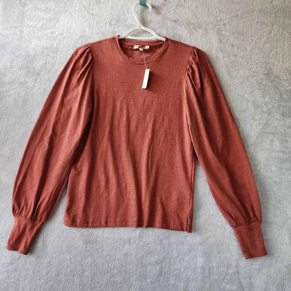 Madewell Top Womens Size XS Smocked Cuff Puff Sleeve Soft Slub Pima Cotton